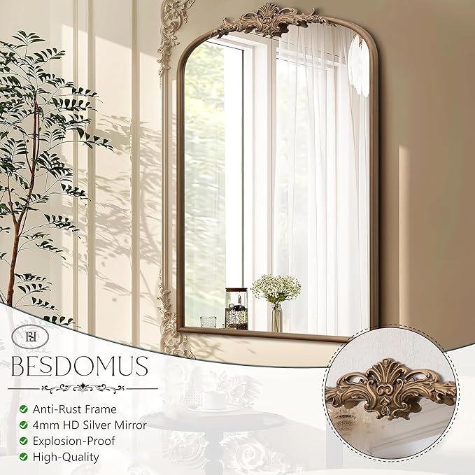 Besdomus Antique Gold Arched Mirror: 24"x36" French Large Arch Gold Vintage Vanity Wall Mounted Mirror - Traditional Ornate Home Decor for Entryway/Bathroom/Bedroom - Idea for Fashion-Conscious