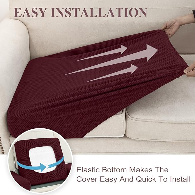 LA MEACK Couch Cushion Covers for Sectional Sofa L Shape Washable Separate Seat Chaise Couch Cover Stretch Sofa Slipcovers with 2 Pcs Pillowcases(3 Seater + 1 Chaise, Burgundy)