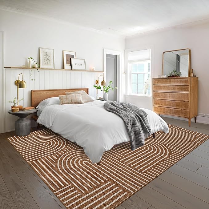 ROYHOME Washable Rug 9x12 Area Rugs for Living Room, Abstract Rug for Bedroom, Soft Rainbow Non Slip Throw Rugs With Rubber Back, Low Pile Stain Resistant Boho Geometric Carpet for Dining Room, Copper