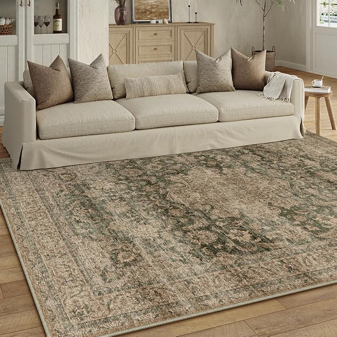 10x12 Washable Area Rug Green Brown Vintage Non Slip Soft Low Pile Rug for Living Room Bedroom Dining Room Office Distressed Oriental Indoor Large Throw Carpet for Home Decor