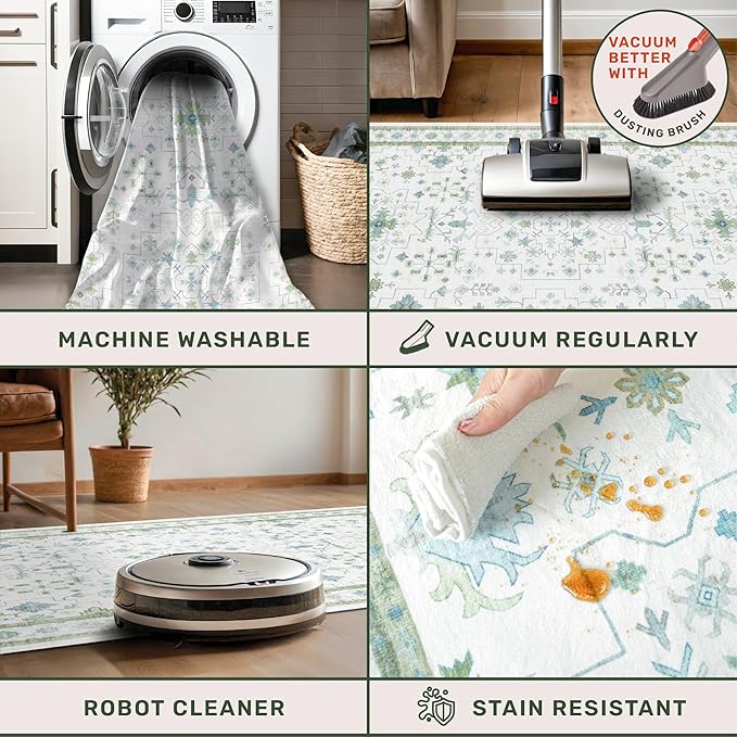 Hazo Haus Blue and Green Living Room Rug 8x10 - Cream Oushak Vintage Boho Floral Farmhouse, Washable Low Pile Non-Slip Extra Large Area Rugs for Bedroom, Girls, Boys, Playroom, Lounge