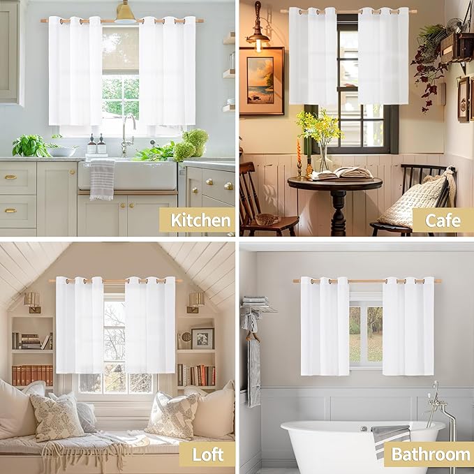 YoungsTex White Linen Curtains 36 Inch Length for Kitchen Window, Short Drapes Light Filtering with Bronze Grommet for Bathroom Bedroom Decorative, 42 X 36 Inch
