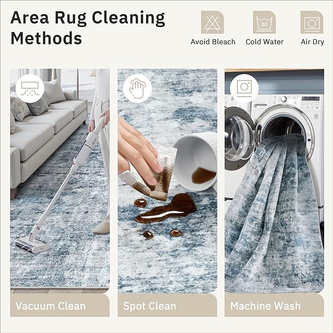 Soalmost Runner Rug 3x6 Washable Non-Slip Kitchen Runner Rugs for Bathroom Laundry Room Blue/Grey Vintage Floor Carpet Runners for Hallway Entryway