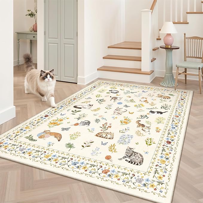 Soalmost Cat 4x6 Area Rugs, Machine Washable Animal Floral Accent Rug Non-Slip Low Pile Soft Throw Rugs for Entryway Kitchen Bedside Living Room Bedroom Nursery Playroom (4 x 6,Beige)