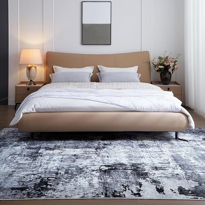 Rugcomf 9x12 Washable Boho Rug - Soft, Non-Slip, Non-Shedding Faux Wool Vintage Rug for Living Room, Dining Room, Kids Playroom, Indoor - Grey and Black