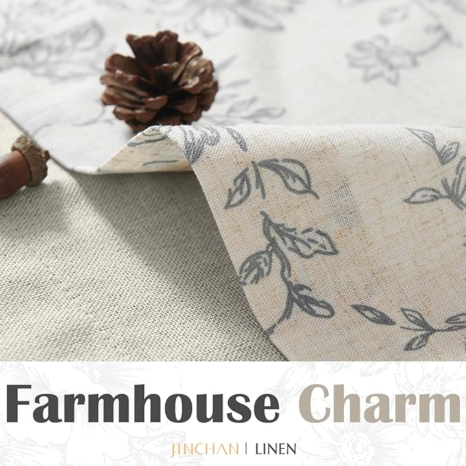 jinchan Linen Floral Valance Double Layer Kitchen Window Curtain Grey Flower on Beige Valance for Living Room Cafe Farmhouse Light Filtering Rustic Country Curtain 18 Inch Rod Pocket 1 Panel