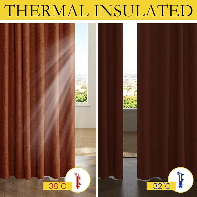 NICETOWN 100% Absolutely Blackout Linen Curtains with Thermal Insulated Liner, 52" Wide, 2 Panels, 95 inches Long Drapes, Grommet Retro Burnt Orange Linen Curtains Vertical Drapes Privacy for Bedroom