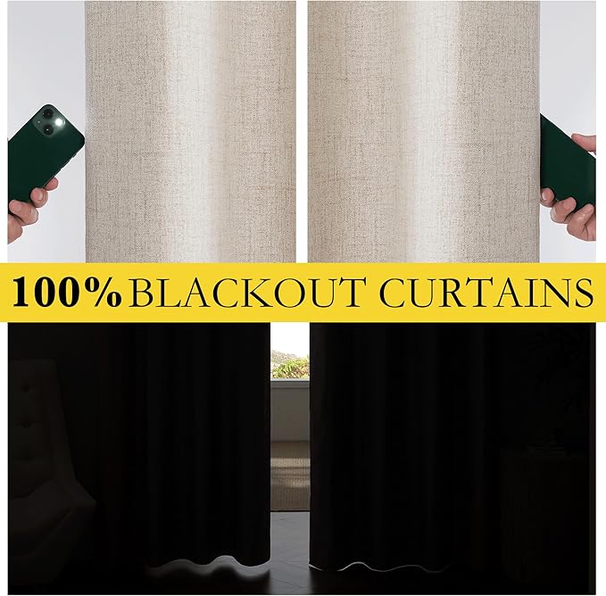 NICETOWN Farmhouse Style 100% Blackout Oatmeal Linen Curtains 90 inches Length, 2 Panels, 52" W, Room Cooling Window Draperies with Thermal Insulated Liners for Dining Room