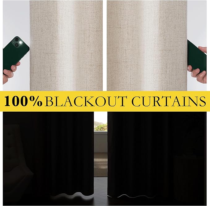 NICETOWN Full Blackout Oatmeal Linen Curtains 102" Length with Thermal Insulated Liners for Living Room, 2 Panels, 52 inches W, Farmhouse Style Keep Warm Large Window Draperies for Hall