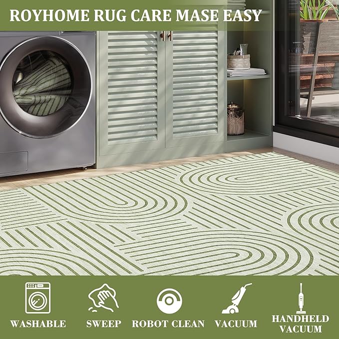 Washable Rug 2x3 Area Rugs for Entryway, Abstract Rug for Bedroom, Soft Rainbow Non Slip Small Area Rug with Rubber Back, Low Pile Stain Resistant Boho Geometric Carpet for Dining Room, Green