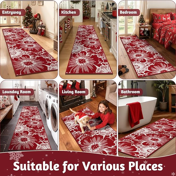 Findosom Christmas Runner Rug 2x8, Non Slip High-Low Textured Floral Washable Runner Rug with Rubber Backing, Boho Carpet Runners for Hallway, Kitchen, Entryway, Bedroom, Laundry & Holiday Decor, Red