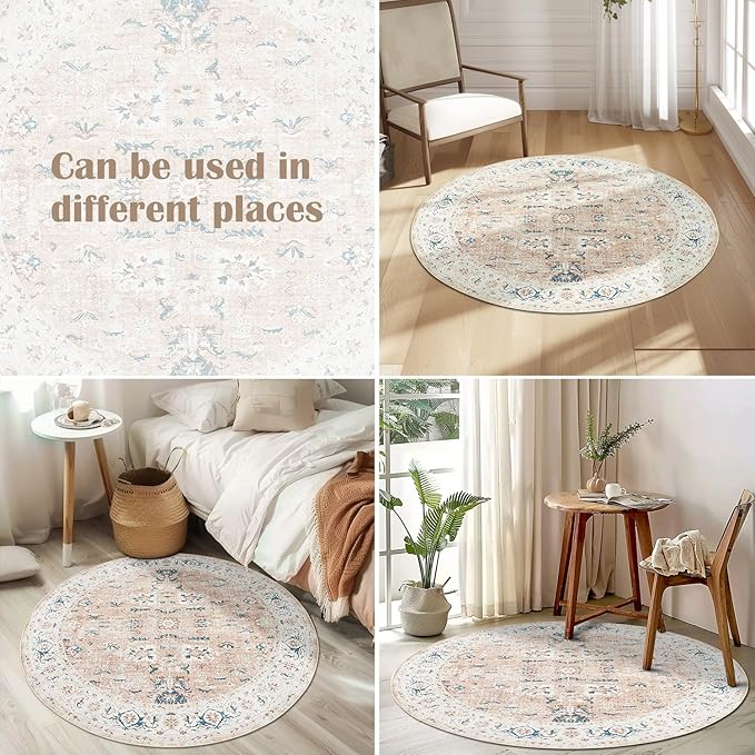 jinchan Round Rug 5ft Area Rug - Washable Boho Vintage Floral Circle 5' Round Floor Cover Lightweight Low Pile Thin Throw Non-Slip Carpet for Kitchen Living Room Bedroom Dining Room Office Pink Blush