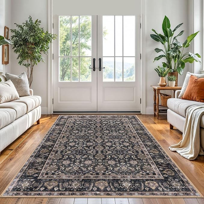 KUTA 5x7 Area Rugs, Vintage Washable Rugs for Living Room Brown Ultra Thin Soft Non-Slip Printed Distressed Traditional Farmhouse Carpet for Bedroom Dining Room Dorm Office Home