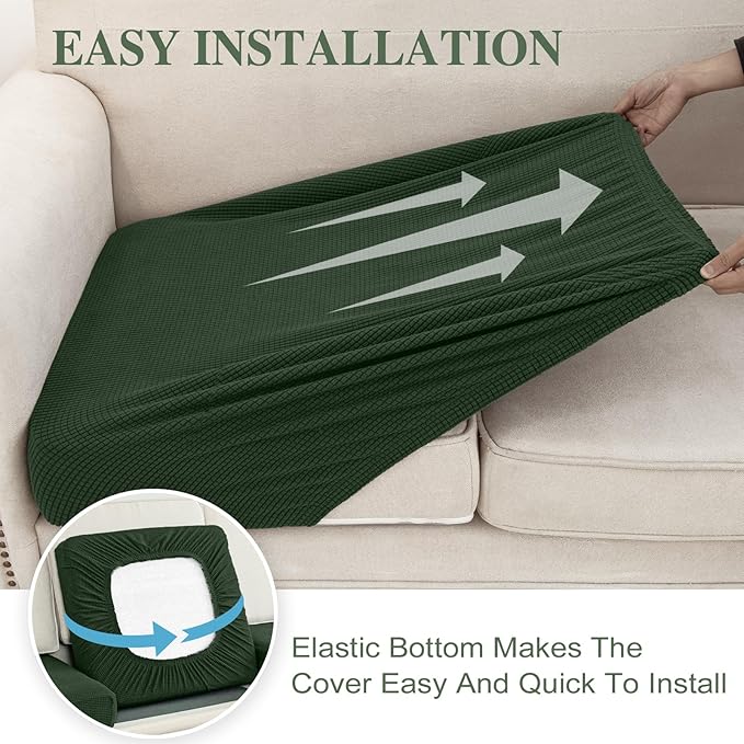 LA MEACK Couch Cushion Covers for Sectional Sofa L Shape Washable Separate Seat Chaise Couch Cover Stretch Sofa Slipcovers with 2 Pcs Pillowcases(2 Seater + 1 Chaise, Green)