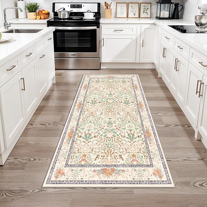 Botanical Beige 3x5 Area Rug - Non-Slip Washable Soft Low-Pile Small Area Rugs for Kitchen Bedroom Entryway Kid Room – Vintage Florals Door mat Indoor (Cream, 3x5)