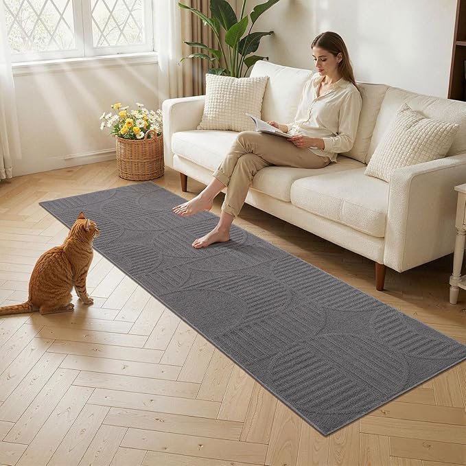 Findosom Washable Runner Rug 2x6, Geometric High-Low Textured Non Slip Hallway Runner Rug with Rubber Backing, Boho Carpet Runner for Kitchen, Bedroom, Laundry, Entryway, Bathroom, Gray