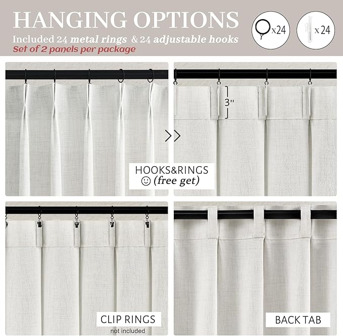 Extra Wide 70 Inch Light Filtering Pleated Curtains 92 Inches Long for Office 2 Panels, Off White Memory Shape Natural Linen Textured Windows Drapes Privacy Semi Sheer Viral Curtain with Hooks & Rings