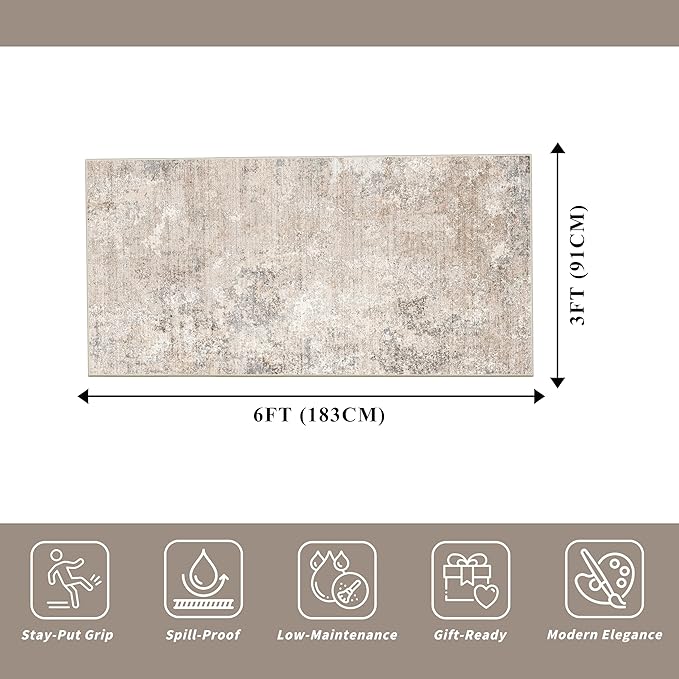 3x6 Non-Slip Washable Kitchen Rug - Soft Wide Indoor Carpet Runners for Entryway, Hallway, Bathroom with Rubber Backing, Modern Distressed Low-Pile Thin Floor Runner (Beige Grey,3x6)