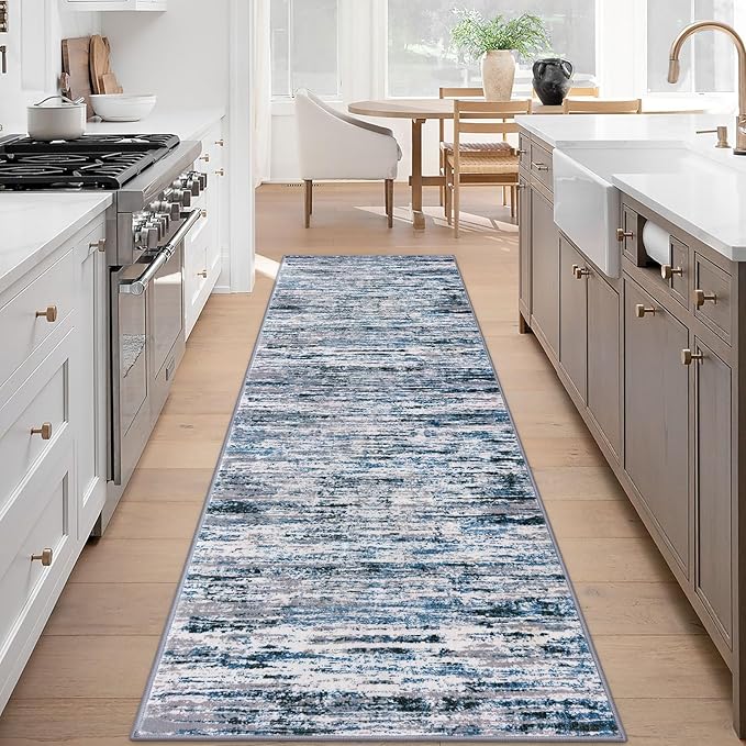 Lansny Modern Abstract Runner Rug 3x8, Grey Blue White, Washable Kitchen Runner Non-Slip Soft Hallway Rug Thin Print Faux Wool Carpet for Entryway Bedroom Laundry Room Indoor Home Office Decor