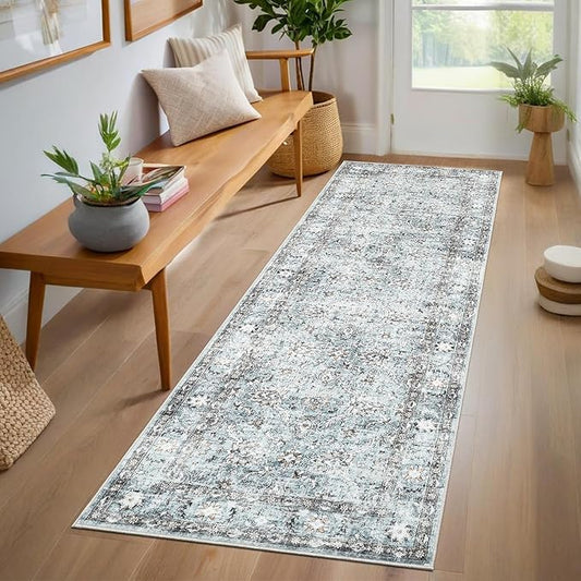 GarveeHome Hallway Washable Runner Rug 2x6 Vintage Soft Kitchen Rugs with Non Slip Backing, Low Pile Stain Resistant Distressed Oriental Floral Print Carpet for Bedroom, Bathroom, Grey and Blue