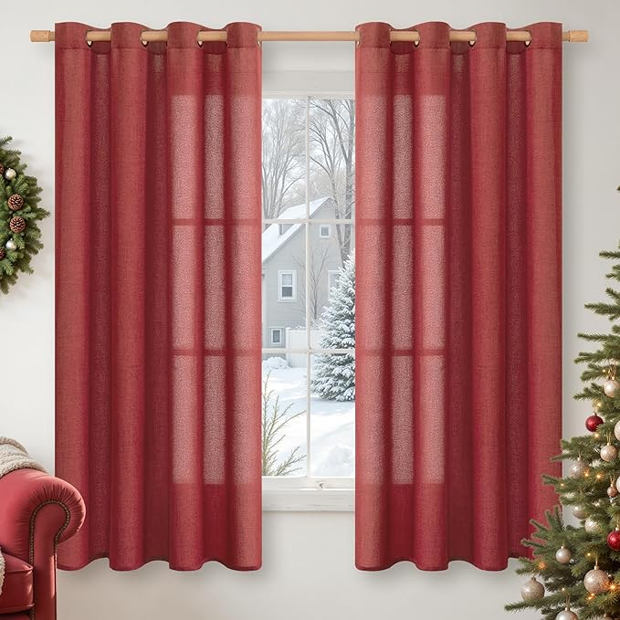 YoungsTex Burgundy Red Linen Curtains 68 Inch Length for Living Room, Light Filtering Window Drapes with Bronze Grommet Privacy Deorative for Bedroom, 52 x 68 Inch, 2 Panels