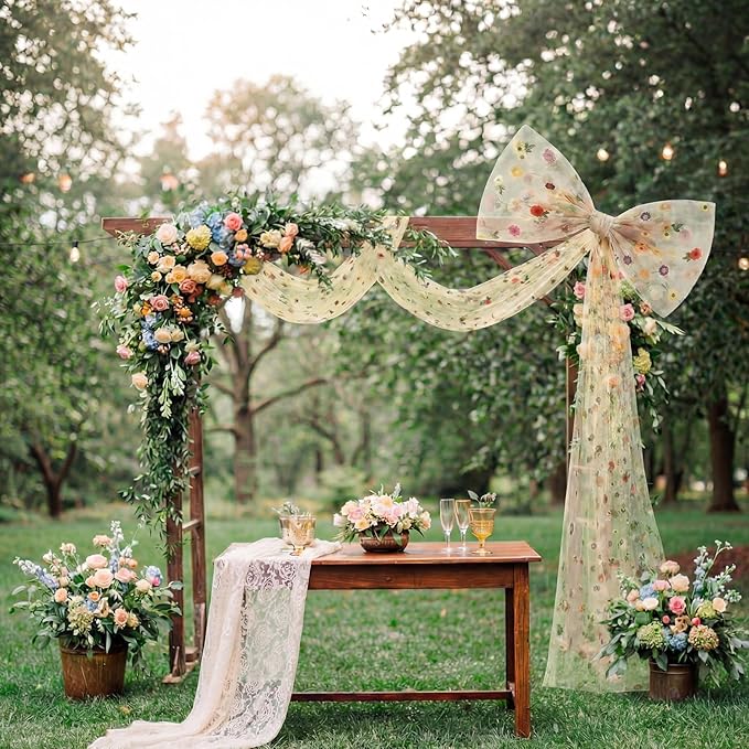 Canlierr Extra Large Embroidery Floral Tulle Bow Decorations 39 x 59 Inch Giant Champagne Organza Bow with Tie and Long Ribbon Tails for Spring Wedding Backdrop Coquette Room Wall Decoration