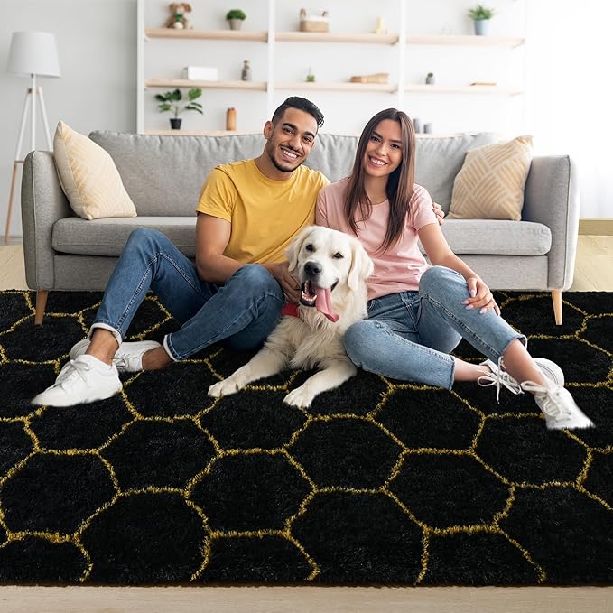 Fluffy 6x9 Area Rugs for Bedroom Living Room,Thick Shag Throw Floor Carpet,Soft Shaggy Bedside Non-Slip Rug Black Gold
