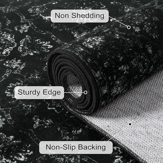 Hedlive Vintage Black Rug for Living Room 9x12, Ultra-Thin Washable Large Area Rugs for Dining Room Non Slip, Stain Resistant Bedroom Rug for Home High Traffic Area (9'x12', Black)