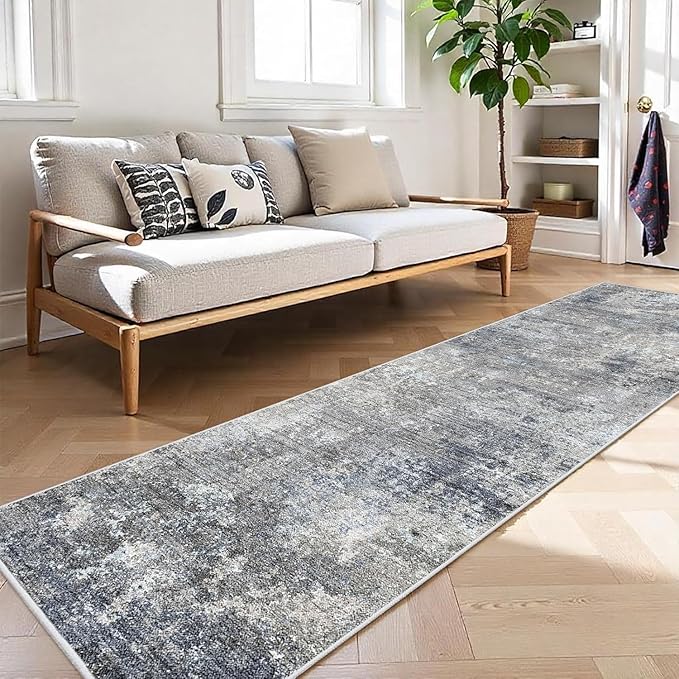 2x12 ft Washable Hallway Runner Rug – Non-Slip Stain-Resistant Low-Pile Long Carpet Runner for Kitchen Entryway Living Room Bedroom Bathroom, Modern Abstract Neutral (Blue Gray,2x12)