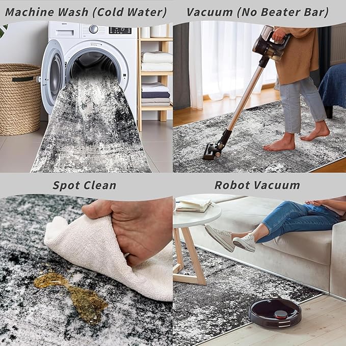 3x5 Washable Entryway Rug – Non-Slip Rubber Backed Small Area Rug for Kitchen, Bedroom, Living Room, Office – Soft Low-Pile Thin Modern Abstract Neutral Throw Rug （Black Grey,3x5）