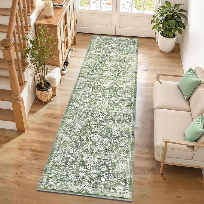 LOKHOM Washable Runner Rug, 2x8 Green Non-Slip Vintage Hallway Runner Rug with Rubber Backing, Boho Floral Soft Faux Wool Kitchen Rug Carpet Runner for Laundry Entryway Bedroom (Tender Green)
