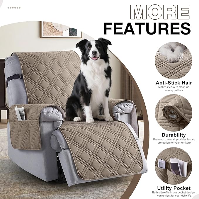 TAOCOCO 100% Waterproof Recliner Chair Covers, Non Slip Recliner Covers for Recliner Chair with Pocket, Washable Reclining Chair Cover Furniture Protector for Kids,Dogs(22'', Gray Taupe)