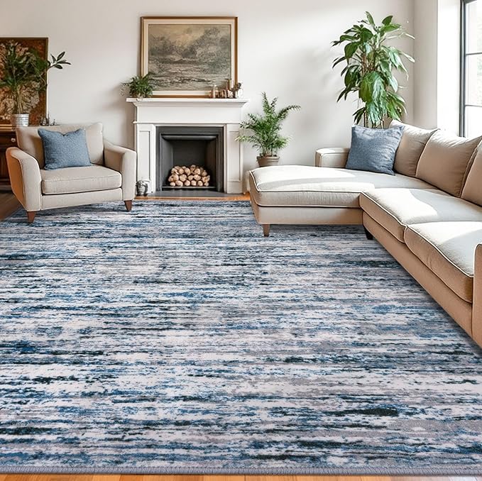 Lansny Modern Abstract 9x12 Large Machine Washable Living Room Rug Non-Slip Soft Bedroom Area Rug Grey Blue White Thin Print Faux Wool Carpet Throw Rugs for Nursery Playroom Dining Room Indoor