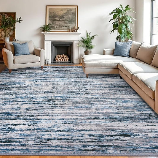 Lansny Modern Abstract 9x12 Large Machine Washable Living Room Rug Non-Slip Soft Bedroom Area Rug Grey Blue White Thin Print Faux Wool Carpet Throw Rugs for Nursery Playroom Dining Room Indoor