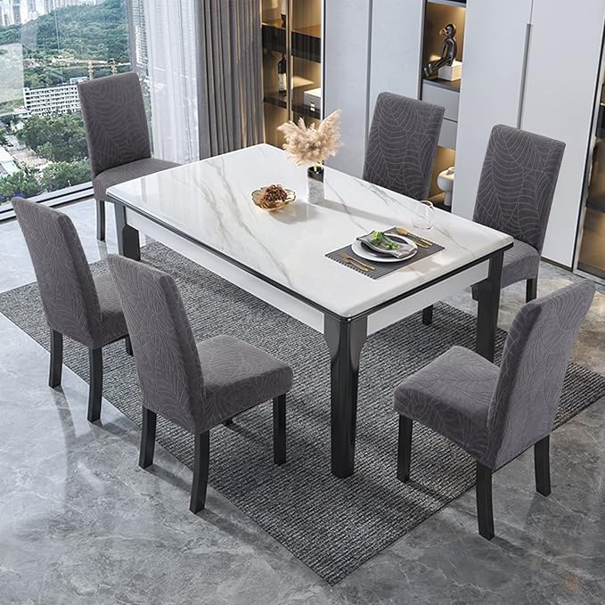 Genina Waterproof Chair Covers for Dining Room, Stretch Jacquard Dining Chair Slipcovers Removable Washable Chair Protector for Kitchen, Hotel, Restaurant (Leaves-Dark Gray, 6 PCS)