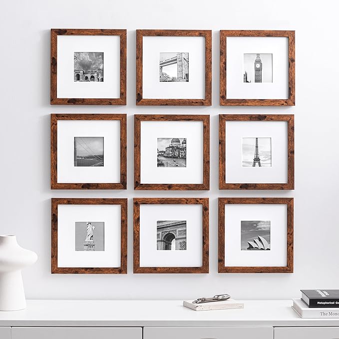 eletecpro 8x8 Picture Frames Set of 9 Classic Gallery Wall Frame Set Displays 4x4 Photo with Mat or 8x8 without Mat, Square Picture Frames Collage Wall Decor, Rustic Brown Modern Home Decor for