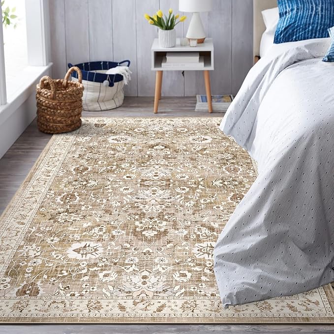 LOKHOM Washable Area Rug, 3x5 Non-Slip Kitchen Area Mat Vintage Living Room Rug with Rubber Backing, Boho Floral Faux Wool Farmhouse Bedroom Area Carpet for Bedroom Kitchen Laundry(Beige Brown)