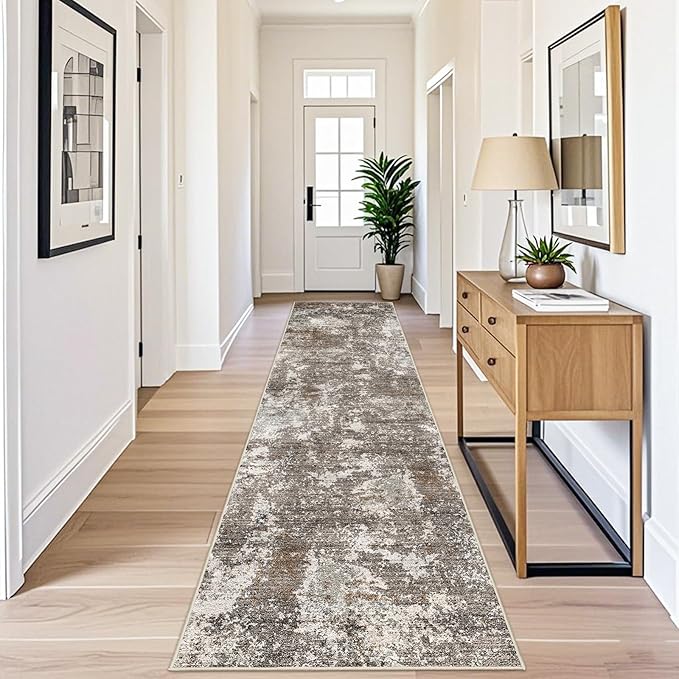 3x12 ft Long Hallway Runner Rug – Non-Slip Washable Carpet Runners for Kitchen Entryway Bathroom Modern Abstract Neutral Low-Pile Thin (Brown Beige,3x12)