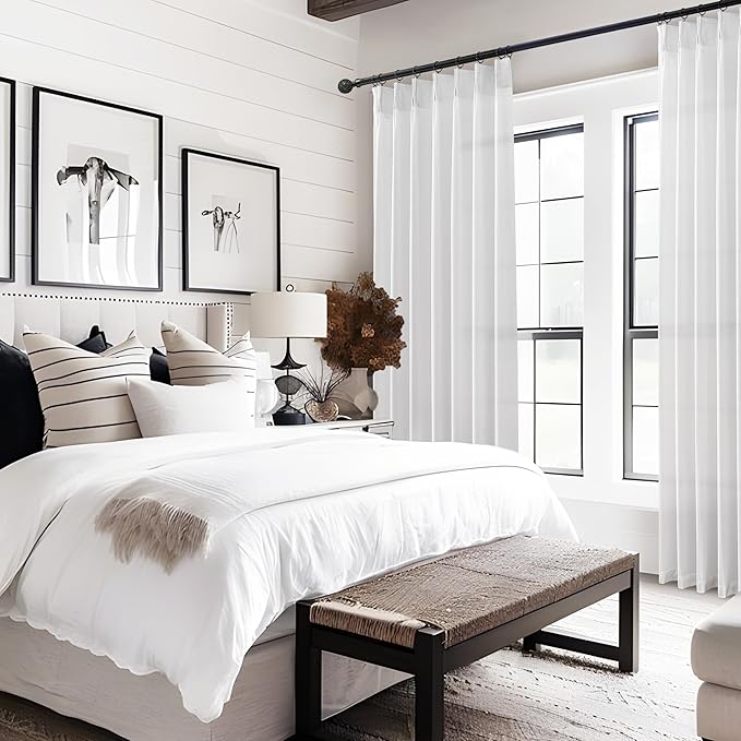 White Linen Sheer Curtains 84 Inches Long 2 Panels, Neutral Textured Pinch Pleated 7ft Light Filtering Drapes for Living Room Elegantes with Hooks Track System&Back Tab Window Panels Office at Home