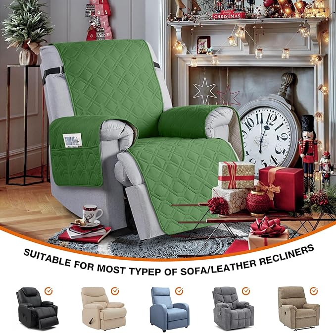 VANSOFY 100% Waterproof Recliner Chair Covers, Recliner Cover Non-Slip Dog Chair Cover Furniture Protector Washable Slipcover with Pocket, Elastic Straps for Pets, Dogs(Vine Green, 23.6")
