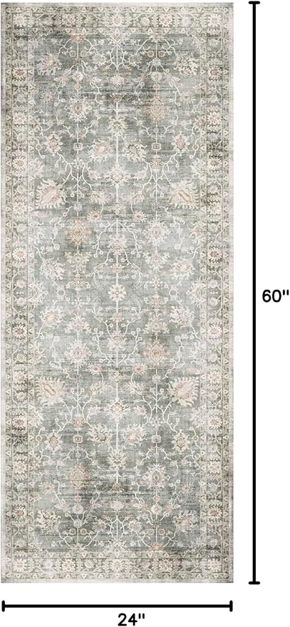 GENIMO Runner Rug for Hallways Machine Washable, 2x5 Non Slip Boho Vintage Lightweight Washable Runners, Thin Floor Rugs for Entryway Hallway Bathroom Laundry Room Corridor, Light Sage