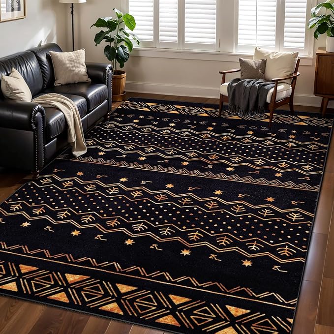 SERISSA 4x6 Area Rugs for Living Room, Washable Non-Slip Black and Gold Boho Rug, Soft Low-Pile Geometric Indoor Carpet for Dining Room Bedroom Home Office Nursery
