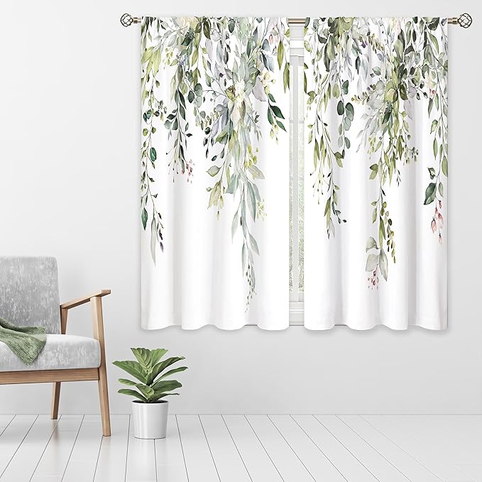 Sage Green Eucalyptus Leaves Window Curtains Flower Watercolor Floral BotanicalPlant Wildflower Farmhouse Curtain Drapes Herb Curtains for Bedroom Living Room Treatment 2 Panels 29Wx63H Inch