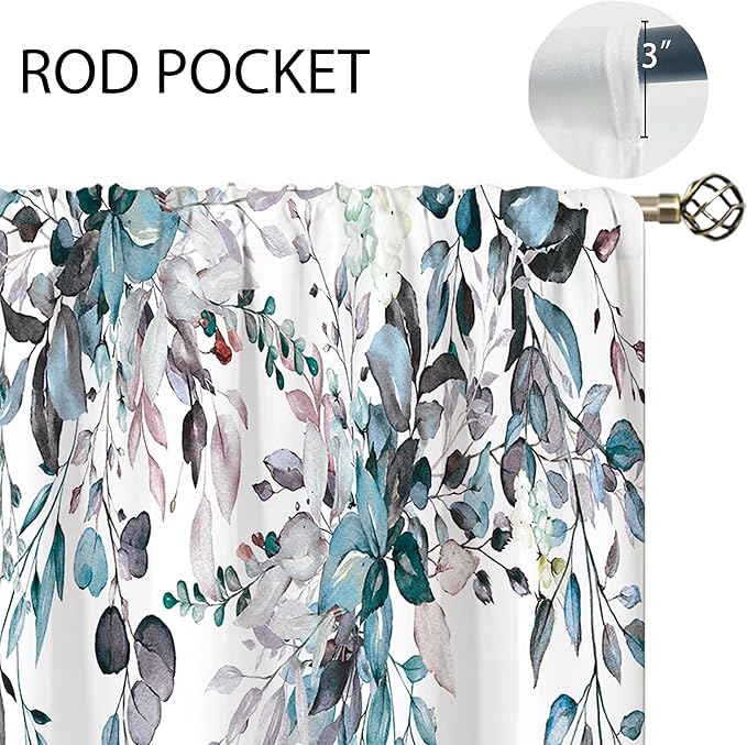 Blue Grey Eucalyptus Botanical Leaves Floral Kitchen Window Curtains Over Sink Farmhouse Flower Leaf Small Window Treatment Cafe Short Curtains for Bathroom Treatment Tier Drapes 27.5x39 inch