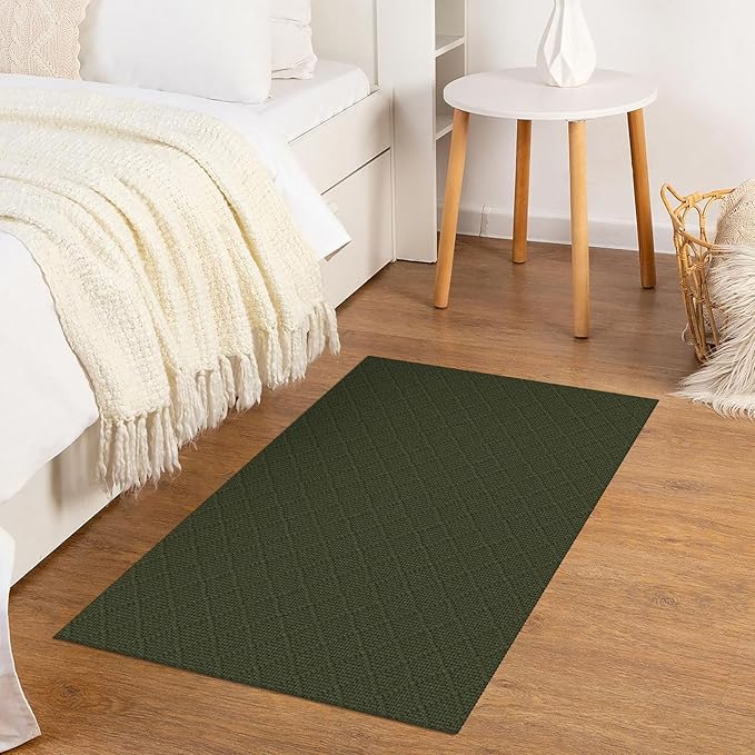 KOZYFLY Small Area Rug 2x3 Ft Washable Entryway Rug Non Slip Rubber Backed Throw Rugs Indoor Door Mat, Braided Cotton Floor Carpet for Front Entrance Front Door Sink Foyer, Dark Green