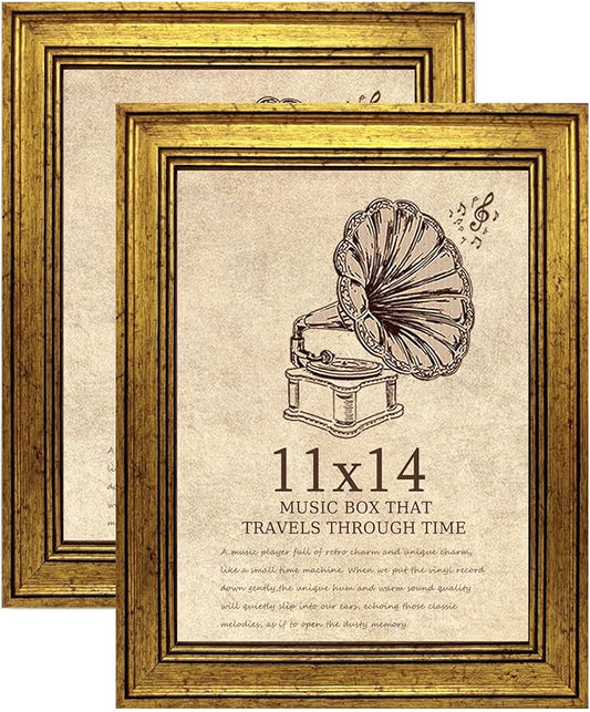11x14 Picture Frame with Real Glass set of 2-Vintage Frames - Antique Style Frames for Wall - Ornate Frame for Rustic Gold Office or Home Decor Display Family Friends Wedding Gift