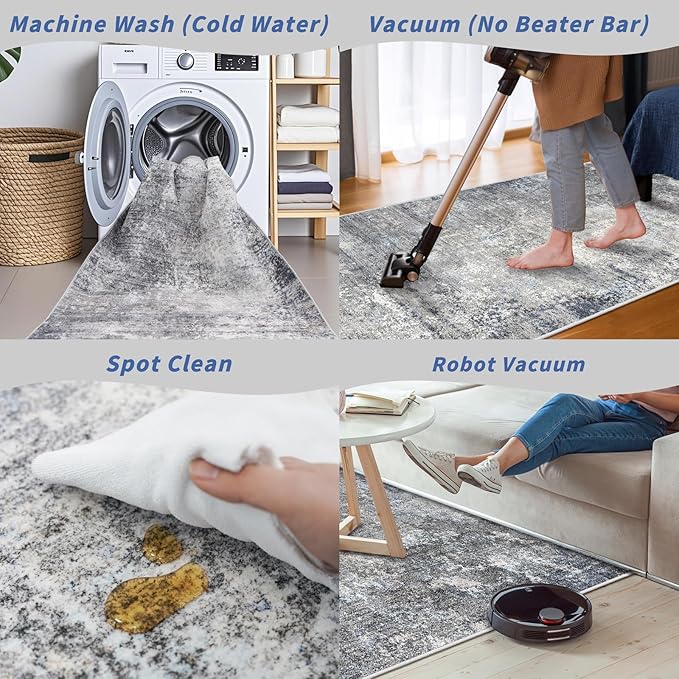 Round Area Rug 4ft Washable - Non-Slip Small Circle Rug for Living Room Bathroom Kitchen Bedroom – Soft Modern Neutral Abstract Circular Carpet (Blue Grey,4x4)