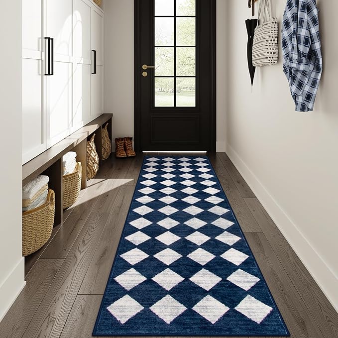 Lahome Zelie Checkered 2x8 Hallway Runner Rug,Soft Kitchen Runner Rugs Non Skid Washable,Blue Bathroom Carpet Runners,Moroccan Trellis Low Pile Rug Runners for Entryway Laundry Room Foyer(2'x8',Blue)