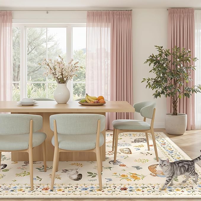 Soalmost Cat 9x12 Area Rugs for Living Room, Machine Washable Animal Floral Vintage Rug Non-Slip Low Pile Soft Throw Large Rugs for Bedroom Dining Room Kitchen Nursery Playroom (9 x 12,Beige)