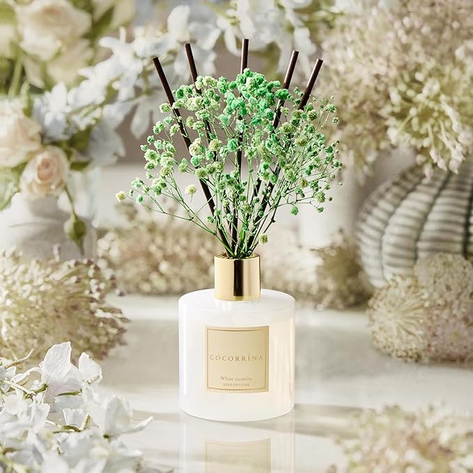COCORR??NA Reed Diffuser - White Jasmine 6.7 Fl.oz Reed Diffuser Set with Sticks & Preserved Baby's Breath, Reed Diffuser for Home Bathroom Shelf Decor
